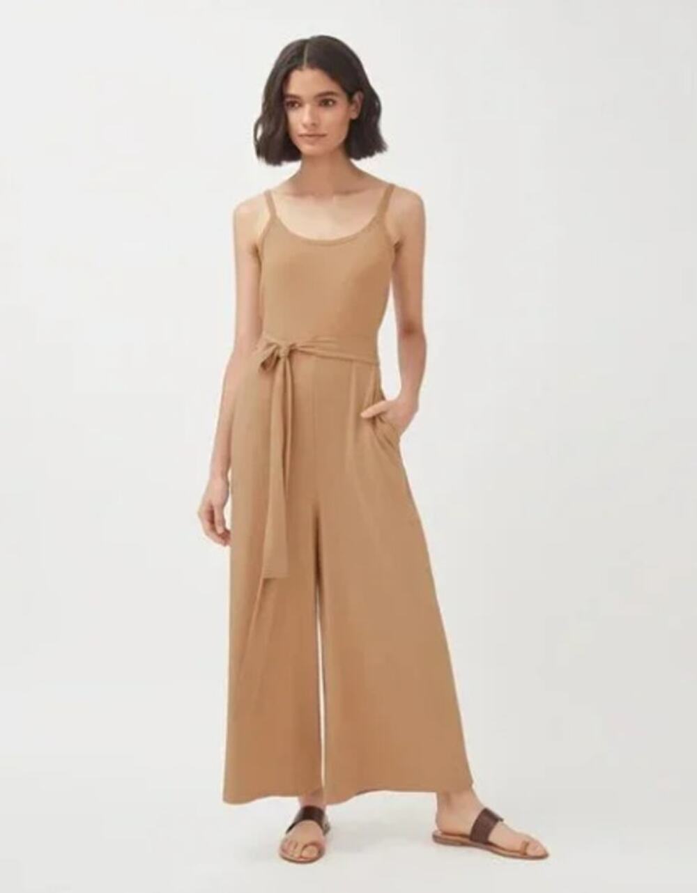 Cuyana V-Back Jumpsuit Tan Med Comfy Travel
